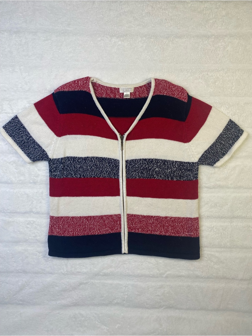 Christopher & Banks Women's Red, White & Navy Zip-Front Striped Sweater